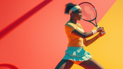 Focused Female Tennis Player Readies for Backhand on Bold Red Background