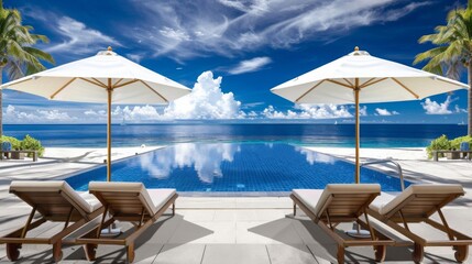 Fototapeta na wymiar Stunning landscape, swimming pool blue sky with clouds. Tropical resort hotel in Maldives. Fantastic relax and peaceful vibes, chairs, loungers under umbrella and palm leaves. Luxury travel vacation