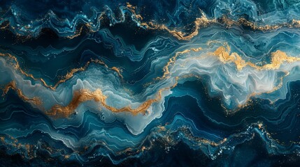 A beautiful blue paint with gold powder adds a touch of natural luxury to this abstract ocean- Art. Natural Luxury. Style incorporates the swirls of marble or ripples of agate. - obrazy, fototapety, plakaty