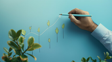  A person holding a blue pencil, drawing a line upwards. Green economy growth. Environmental activism. Green stock growth. Climate activism