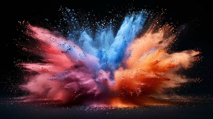 Holi paint color powder explosion isolated on dark black background. A beautiful design concept for a party.
