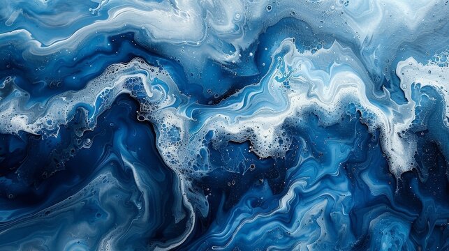 The color of the year 2020 is blue. Fluid acrylic painting of abstract blue lines. Modern art. Abstract marbled blue background. Liquid marble pattern.