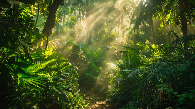 The gentle morning light filters through the lush foliage of a beautiful jungle garden, casting a serene and enchanting glow over the verdant landscape.