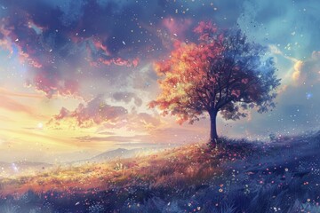 A dreamy and surreal fantasy landscape painting that captures the viewer's imagination, perfect for a whimsical background.