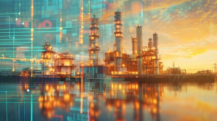 Future factory plant and energy industry concept in creative graphic design. Oil, gas and petrochemical refinery factory with double exposure arts showing next generation of power and energy business