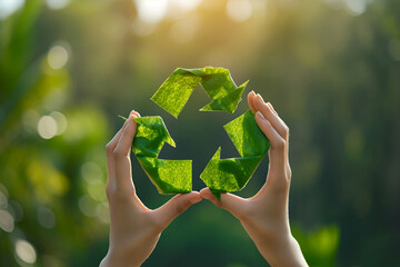 The symbol of recycling in human hands on the background of nature