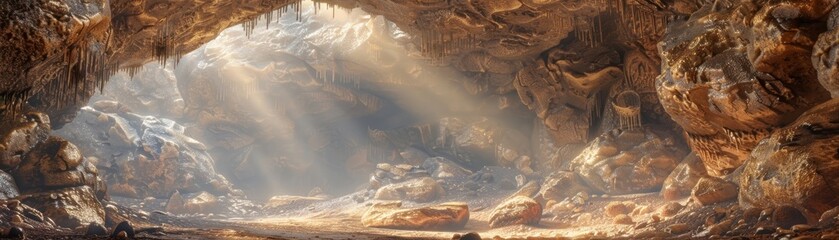 Enchanted cavern teeming with colossal fungi and mystical mist, awash in a haze of magic. 3D Rendering. - obrazy, fototapety, plakaty