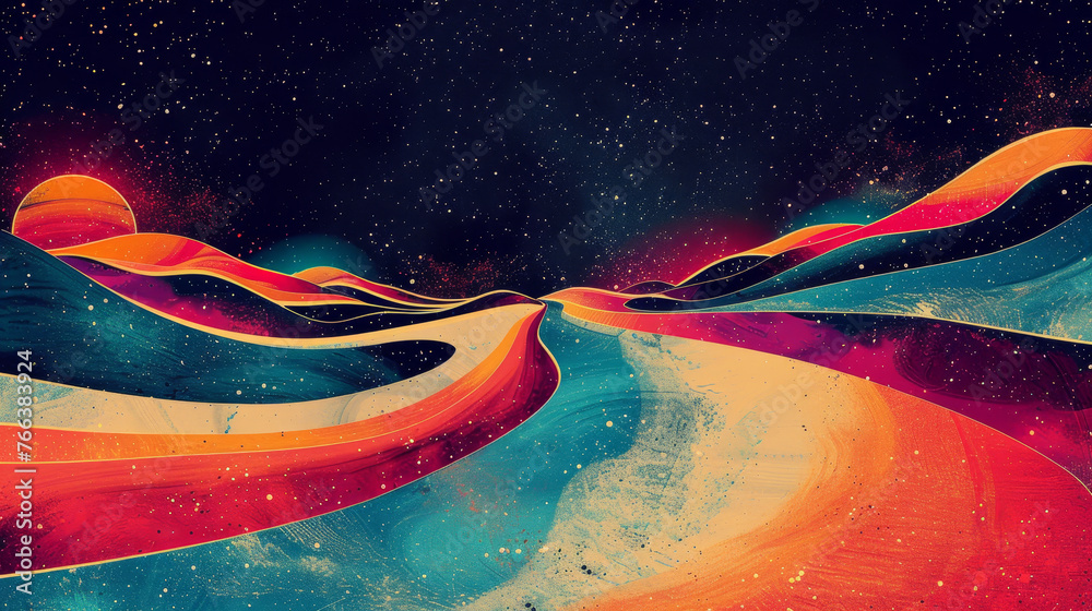 Sticker A river of colors flows in a vibrant, psychedelic pattern under a starry sky.