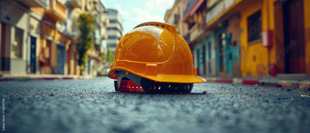 Poster worktable for an architect and safety helmet during construction