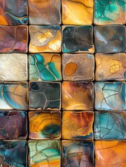 A colorful mosaic made of broken tiles. The tiles are of different colors and sizes, and they are arranged in a pattern. The mosaic is made up of many small pieces, and it looks like a work of art