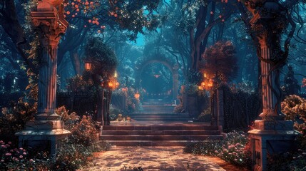 Surrender to the Enchanting Allure of a 3D Illustrated Fantasy Landscape with Mystical Archways and Lush Foliage