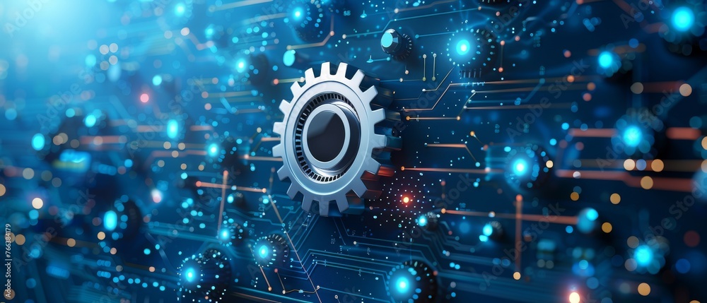 Fototapete on a blue color background is a modern illustration of a white gear wheel on a circuit board. it is 
