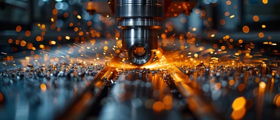 Foto op Canvas Using a lathe grinder machine with flying sparks to finish metal working internal steel surfaces © Zaleman