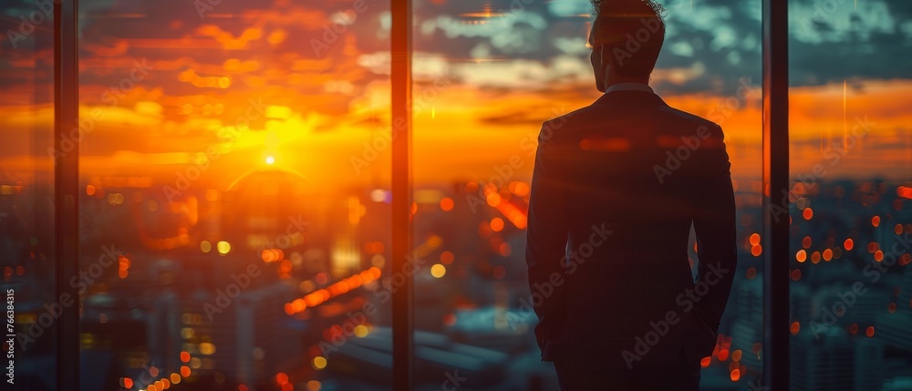 Poster businessman engineer looking at blueprint in a building site with blurred construction site film gra