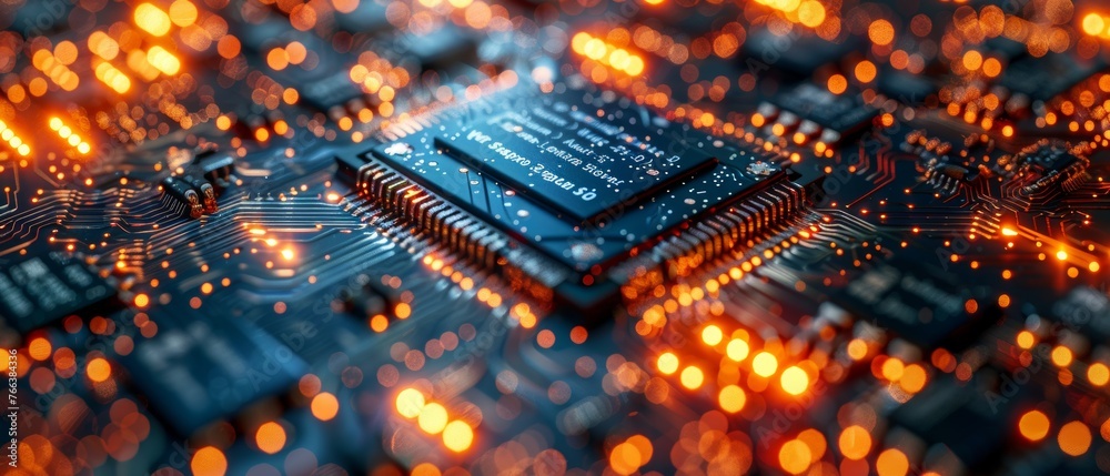 Aufkleber Orange and blue technology image circuit board and html code. For describing technological processes, science, and education.