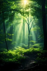 Sunlight filtering through dense emerald foliage, illuminating a tranquil forest glade with vibrant greenery. Shafts of light create a mesmerizing interplay of shadows and highlights 
