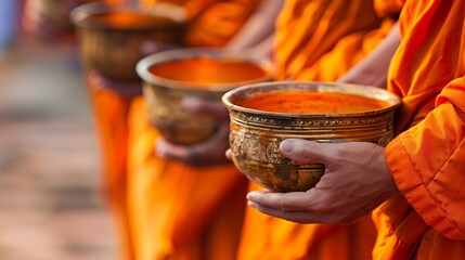 Buddhist monks in orange robes holding alms bowls during a morning ritual in Southeast Asia, depicting religious practice and traditions - obrazy, fototapety, plakaty
