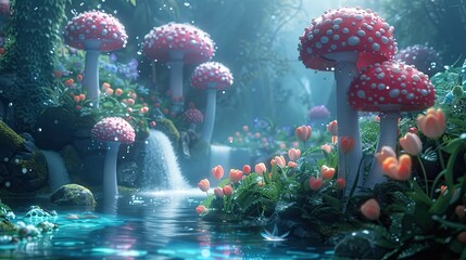 Enchanting Surreal Landscape with Vibrant Mushroom Formations,Cascading Waterfall,and Reflective Pond in a Fairytale Forest - obrazy, fototapety, plakaty