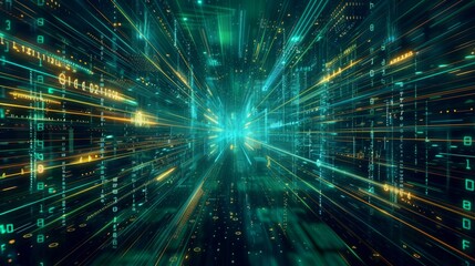 Fototapeta premium Digital technology metaverse neon blue green background, cyber information, abstract speed connect communication, retro city future meta tech, internet network connection, Ai big data illustration 3d