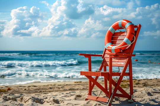 Lifeguard chair and life ring on the beach with sea background. Beach safety equipment for summer vacations