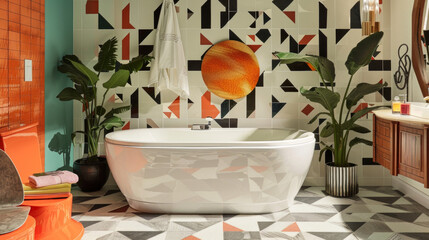 A retro-modern bathroom with geometric wallpaper, a sunken tub, and bold pops of color
