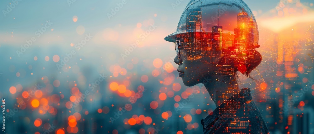 Poster a future building construction engineering project concept with double exposure graphic design. a bu