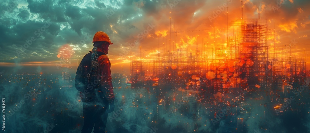 Poster future building engineering project with a double exposure graphic design. engineers, architects, an
