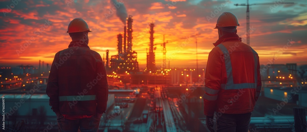 Poster at sunset on an evening construction site, silhouette of an engineer and worker checking a project a