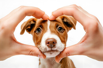 Close up of hands making a heart shape with fingers, a cute dog inside the frame