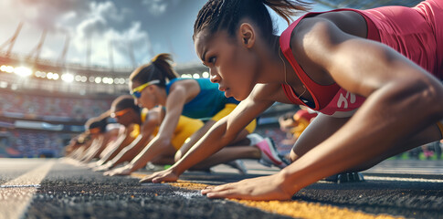 female athletes in sports at the starting blocks on olympic stadium with crowd background