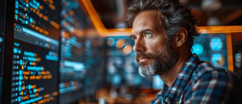 Occupational profile side view of a friendly bearded man in a checked shirt, with a computer screen at the wooden interior workstation of an expert html programmer.