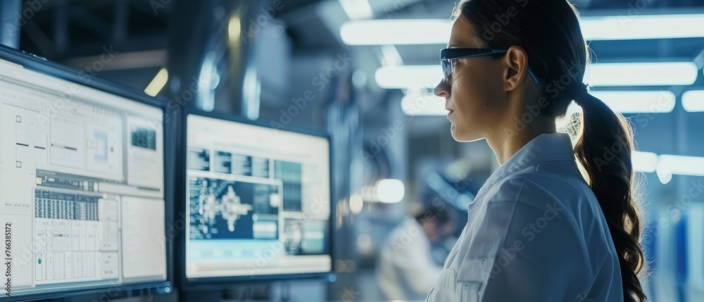 Poster Typical factory office scene with a beautiful and confident female industrial engineer working on a computer screen using industrial electronics design software. High tech facility with CNC machines.