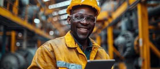 Smiling African American Industrial Specialist wearing a safety uniform and hard hat walks in a metal construction factory using a tablet computer.