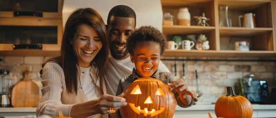 An ethnically diverse family with a smiling son creates jack o lanterns from pumpkins while celebrating Halloween in the kitchen. - obrazy, fototapety, plakaty