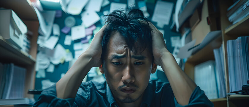 A man holding his head with both hands and looking distressed. Mental health issues from work-related stress tax issue and duties.