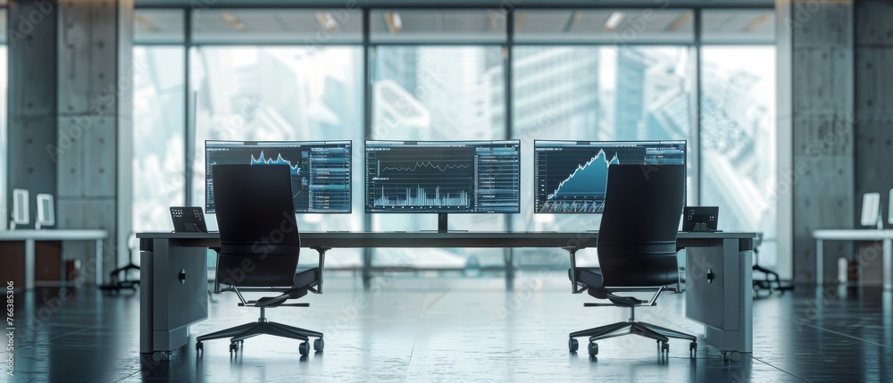 Aufkleber Modern Monitoring Office with Digital Computers with Analytical Data. Finance Specialists sit at desks in front of computers.