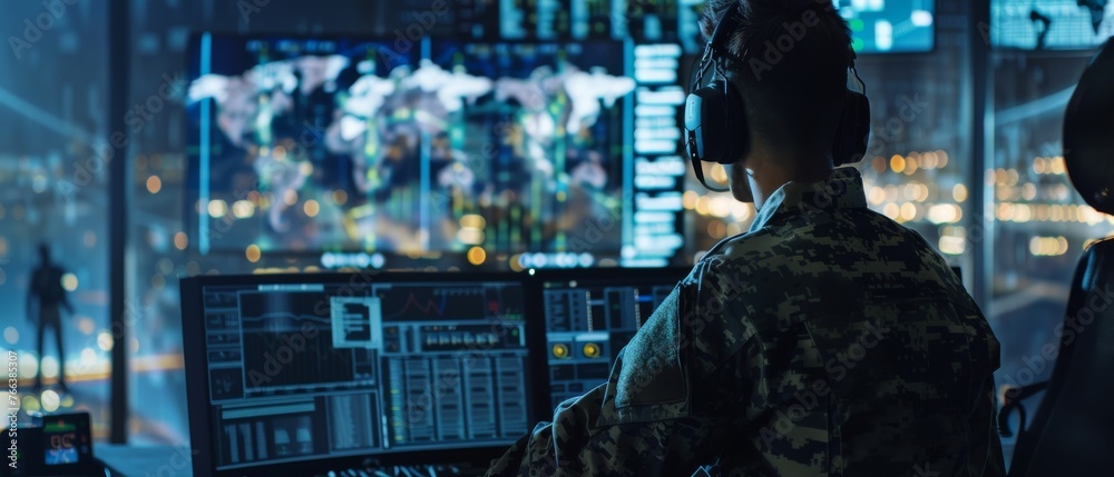 Poster Assisting with the cyber monitoring and control of national security, technology, and army communications for a city tracking operation.