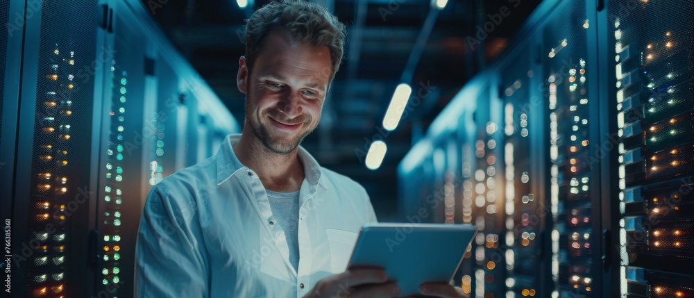 Poster Male maintenance administrator working at a large server farm in a cloud computing facility. Cyber security and e-business. Smiling IT specialist using tablet computer.