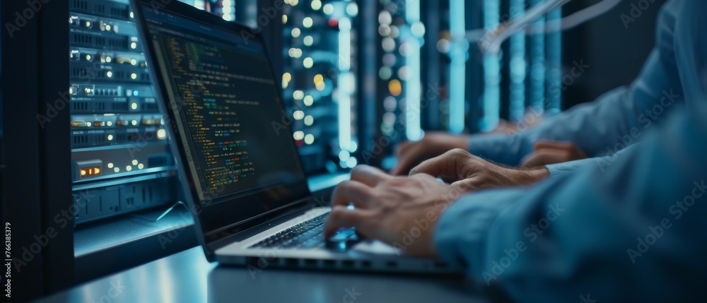 Poster Programmer using digital laptop computer. IT Specialist focused on Cyber Security for IaaS, SaaS, and PaaS. Close-up of hand.