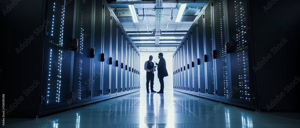 Poster In the Data Center, a system administrator and an IT specialist talk, use their tablet computers, wear their safety vests, while checking cyber security on the server farm.