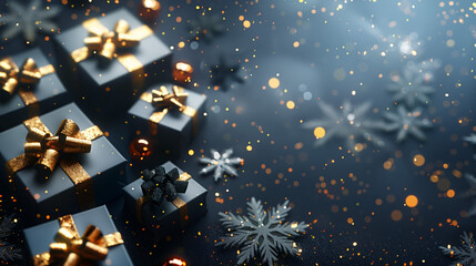  A picture of black and gold christmas presents on a table with snowflakes in the background. Bokeh and shallow depth of field. - Powered by Adobe