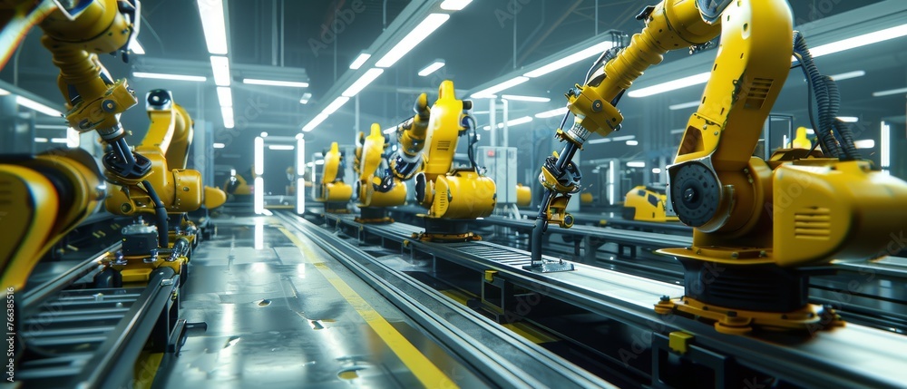 Poster This 3D concept depicts a high-tech robotic assembly line that makes high-tech electric vehicles made from green energy.The conveyor connects the building to the manufacturing process.