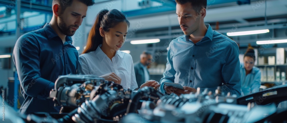 Aufkleber the office of a car factory is occupied by a young diverse team of automotive engineers. a young ind
