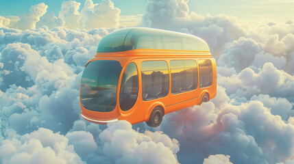 3D cartoon futuristic bus gliding among clouds, side view, playful colors , professional color grading