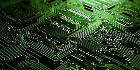Green printed circuit board with microcircuits and glowing elements, close-up.
Concept: electronics and education, information technology and computer engineering