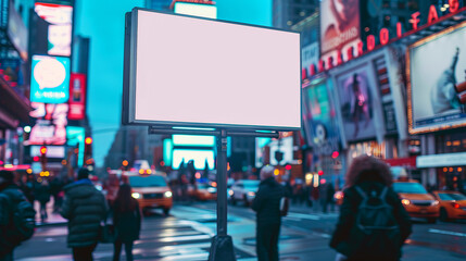 Illuminated Blank Billboard in Dynamic Urban Street Scene at Twilight with Rushing Traffic