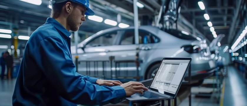 The engineer is wearing a uniform and using a laptop computer with spreadsheet software at the automotive industrial manufacturing facility dedicated to vehicle assembly.