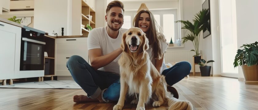 Young international couple moving to new house with cute golden retriever dog. Happy millennial couple with cute pet moving to new house.