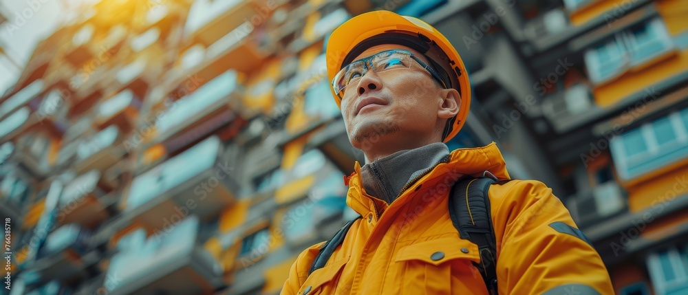 Poster A discussion between a construction engineer and an architect at a highrise construction site