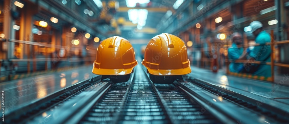 Aufkleber An engineering team on a construction site. Engineering objects on the workplace with partners interacting in the background